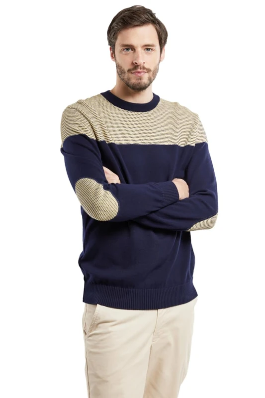 Armor Lux Men's J7 Deauville Long Sleeve Jacquard Sweater Pullover, Navy Deep/White/Samoan S, X-Large