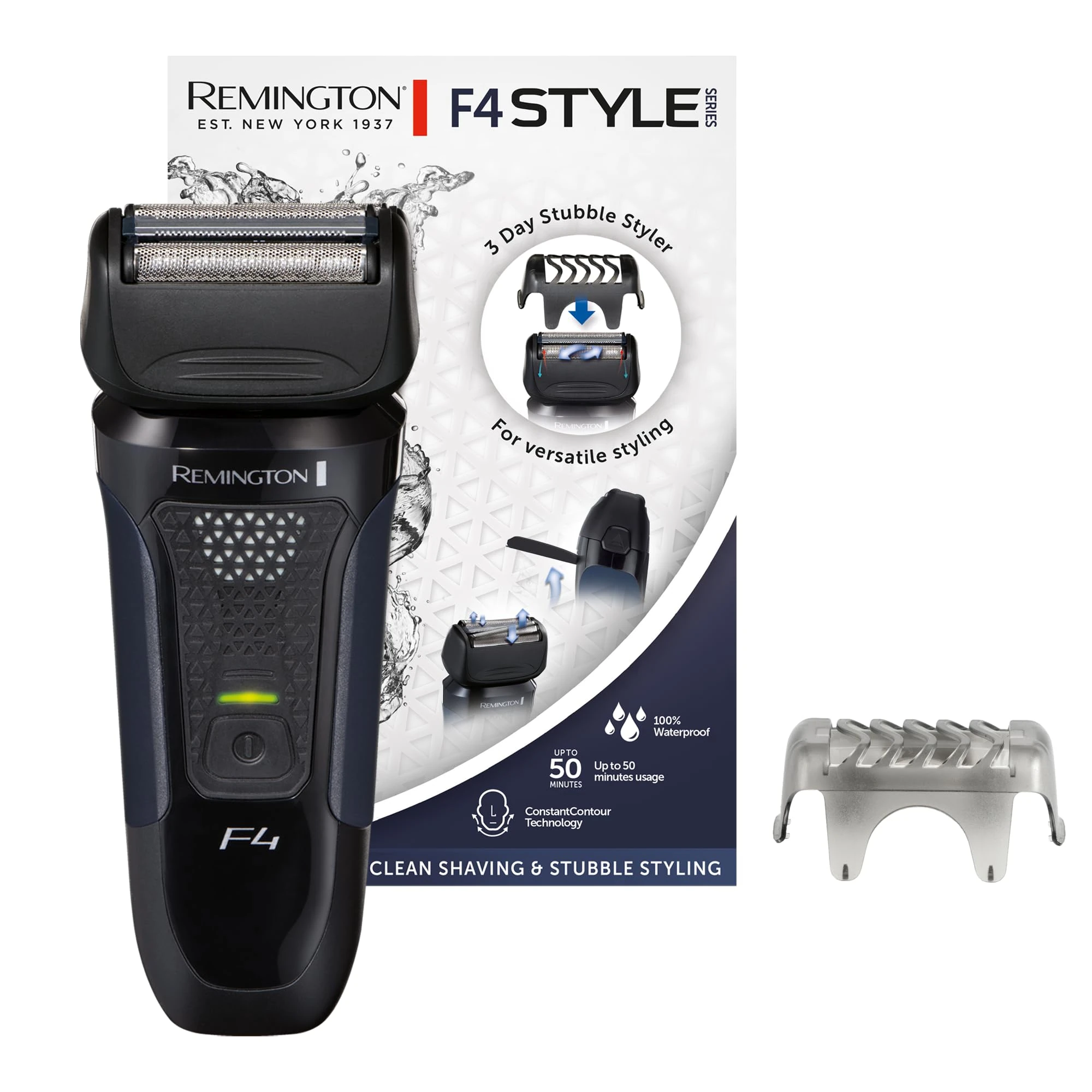 Remington Electric Foil Shaver F4 - Wet & Dry, 100% Waterproof (Comfort Detail Trimmer + 3 Day Beard Styler Attachment/Protective Cap) F4002