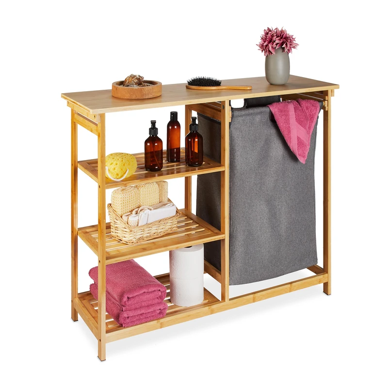 Relaxdays Bamboo Laundry Basket Shelf, 3 Levels, Removable Fabric Bag, HxWxD: 80x100x32cm, Bathroom Bin, Natural/Grey
