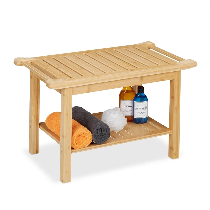 Relaxdays Bamboo Bathroom Bench, Extra Shelf & Handles, Versatile, HxWxD: 45 x 75 x 40.5 cm, Seat for 2 Persons, Natural - Image 1