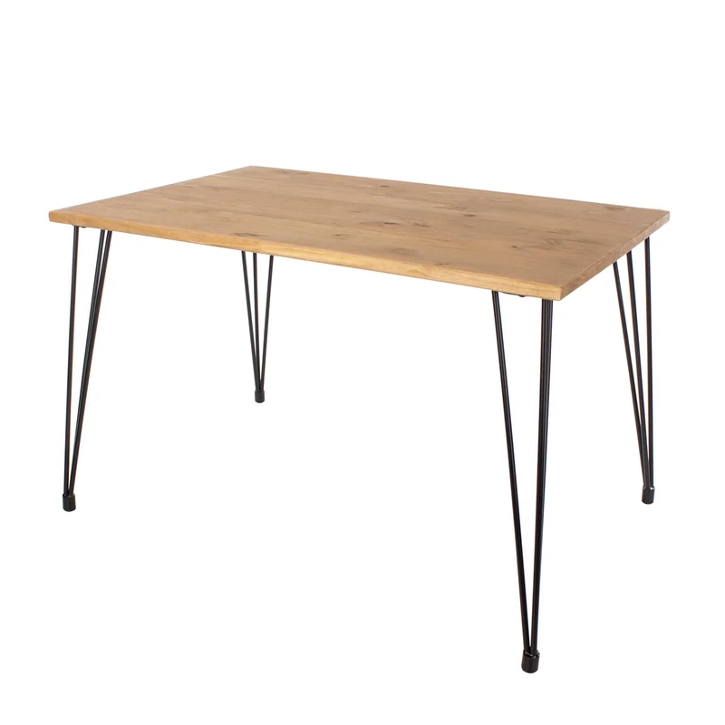 Home Source Dining, Solid Pine Industrial Style Kitchen Table, Metal Hairpin Legs, 118cm