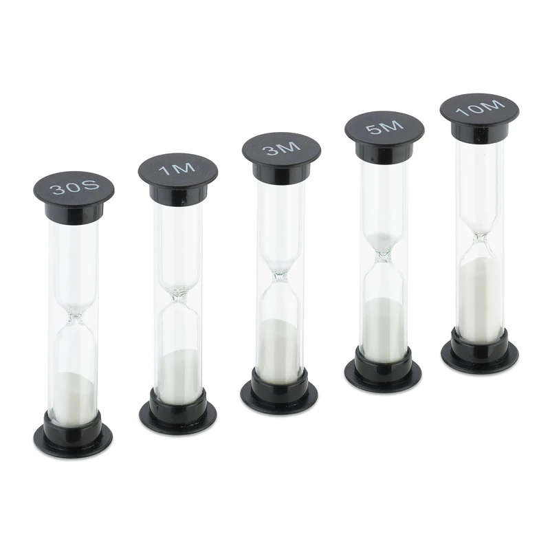 Relaxdays Hourglass Set, 5-Piece, Sand Timer, 30 sec, 1/3/5/10 min, H x D: 9 x 2.5 cm, Children, Cooking, Black/White