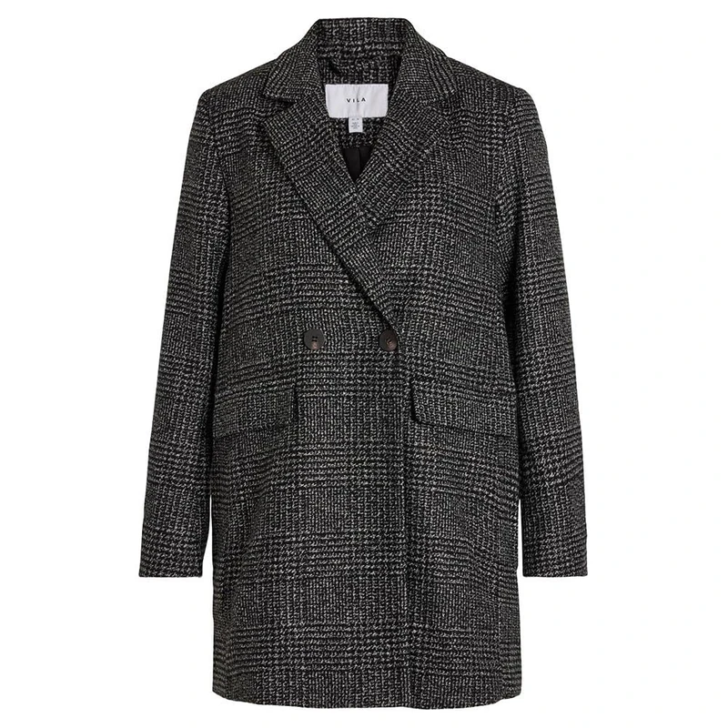 Vila Women's Viley Wool Blazer Jacket Noos Short Coat, Black/Checks: White Sand, 8