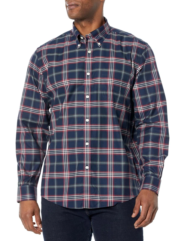 Brooks Brothers Men's Non-Iron Stretch Twill Long Sleeve Sport Shirt Button, Navy Tartan, Medium
