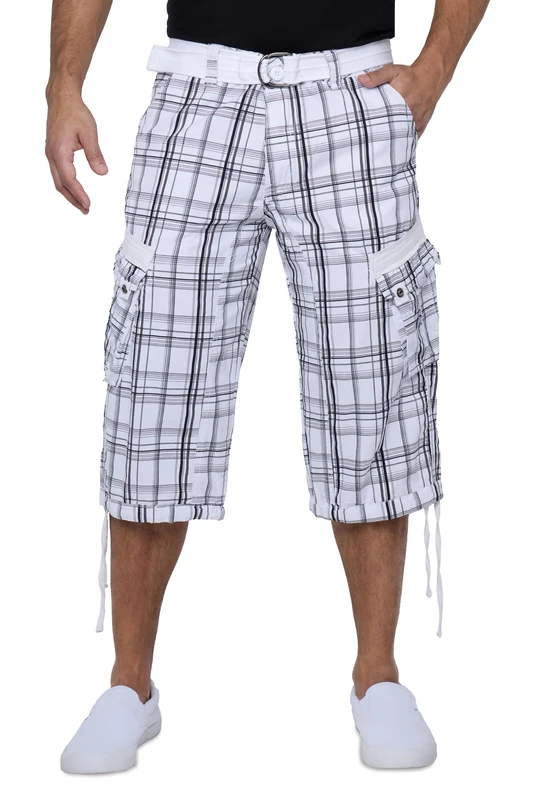 X RAY Men's Belted Cargo Long Shorts 18" Inseam Below Knee Length Multi Pocket 3/4 Capri Pants (Big and Tall Shorts for Men), Plaid White, 36