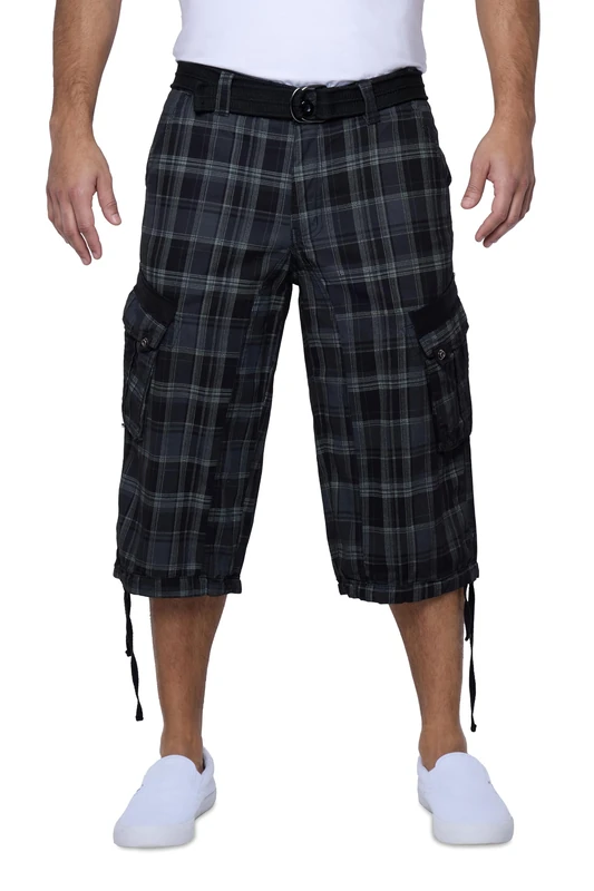 X RAY Men's Belted Cargo Long Shorts 18" Inseam Below Knee Length Multi Pocket 3/4 Capri Pants (Big and Tall Shorts for Men), Plaid Charcoal, 46