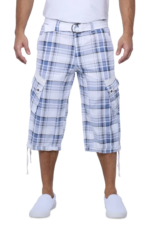 X RAY Men's Belted Cargo Long Shorts 18" Inseam Below Knee Length Multi Pocket 3/4 Capri Pants (Big and Tall Shorts for Men), Plaid Blue/White, 42