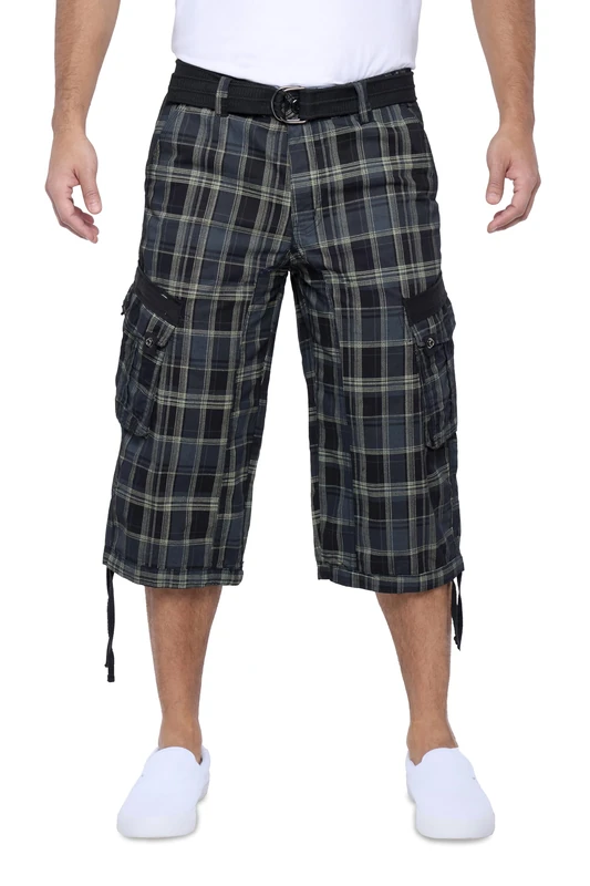 X RAY Men's Belted Cargo Long Shorts 18" Inseam Below Knee Length Multi Pocket 3/4 Capri Pants (Big and Tall Shorts for Men), Plaid Black, 50