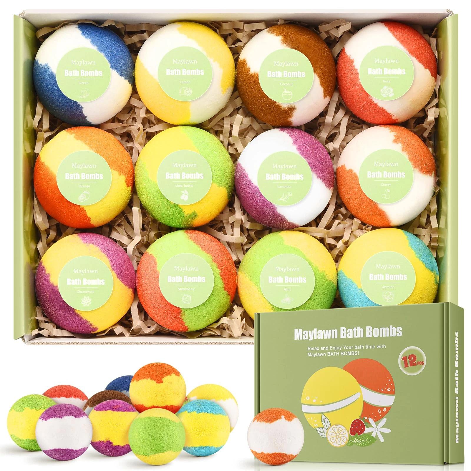 Maylawn Bath Bombs Gift Set, 12-Pieces Handmade Fizzy Bubble Bath Bombs, Birthday Mothers Day Gifts Idea for Her/Him, Wife, Girlfriend, Vegan & Cruelty Free