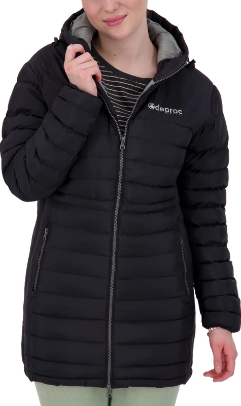 Deproc Active Women's Leichter Damen Steppmantel in Daunenoptik mit Kapuze Winterjacke Übergangsjacke Langjacke auch in Großen Größen Quilted Coat, Black, 10