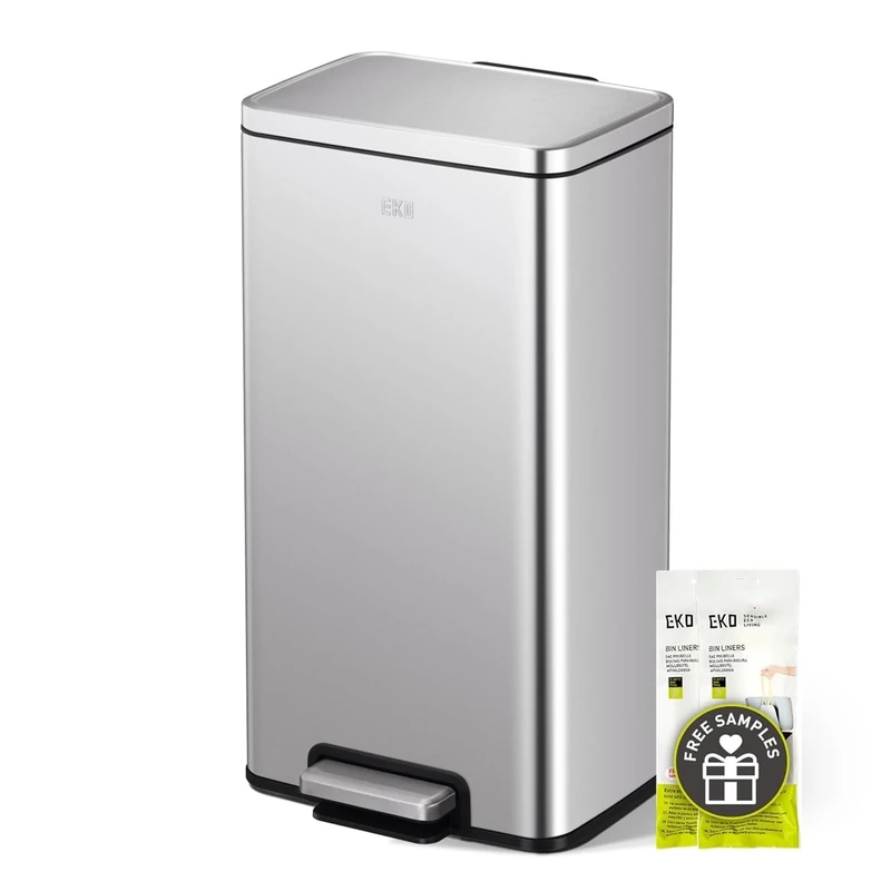 EKO Madison Kitchen Trash Can 30L with Pedal and Soft Close | Stainless Steel Anti-fingerprint Waste Bin | Compact and Robust Design | Includes Bags | Ideal for Modern Kitchens