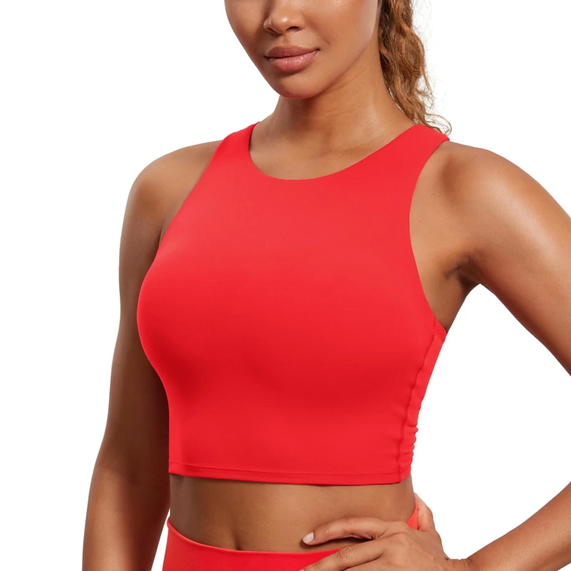 CRZ YOGA Women's Butterluxe Racer Back Padded Sports Bra - High Neck Longline Crop Top Gym Workout Tank Tops with Built in Bra Deep Red 10