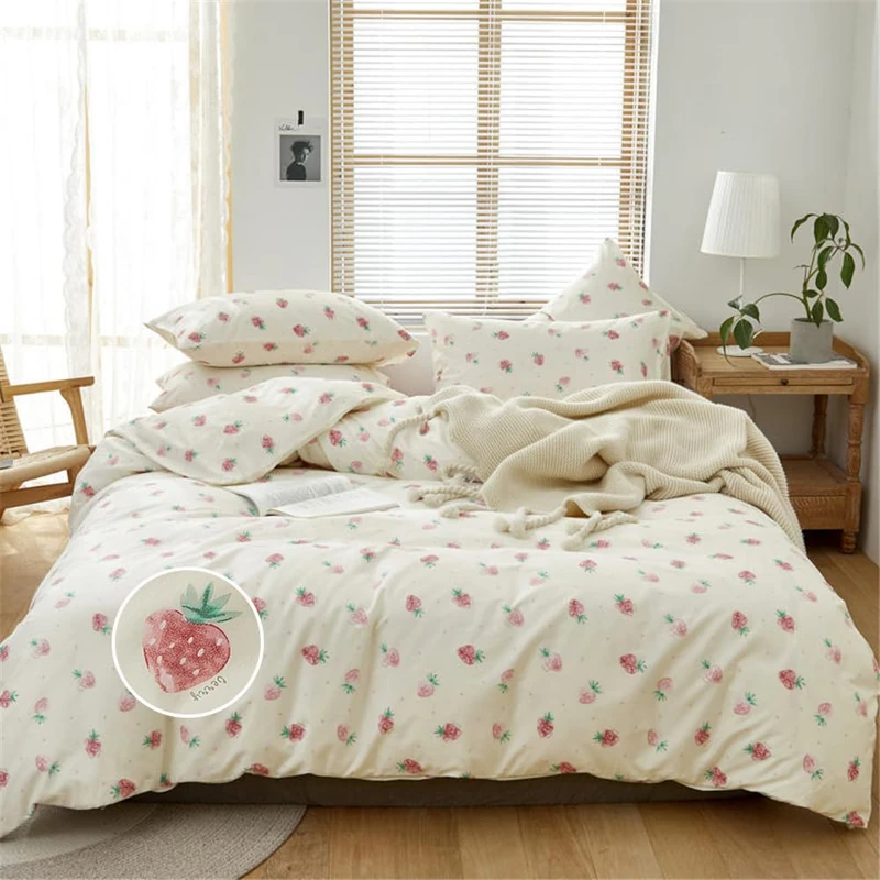 DREAMINGO Cute Strawberry Duvet Cover Full Cotton Girls Bedding Set Kawaii Room Decor Lightweight Comforter Cover with Zipper Ties Kids Teens Cute Aesthetic Bed Set Full
