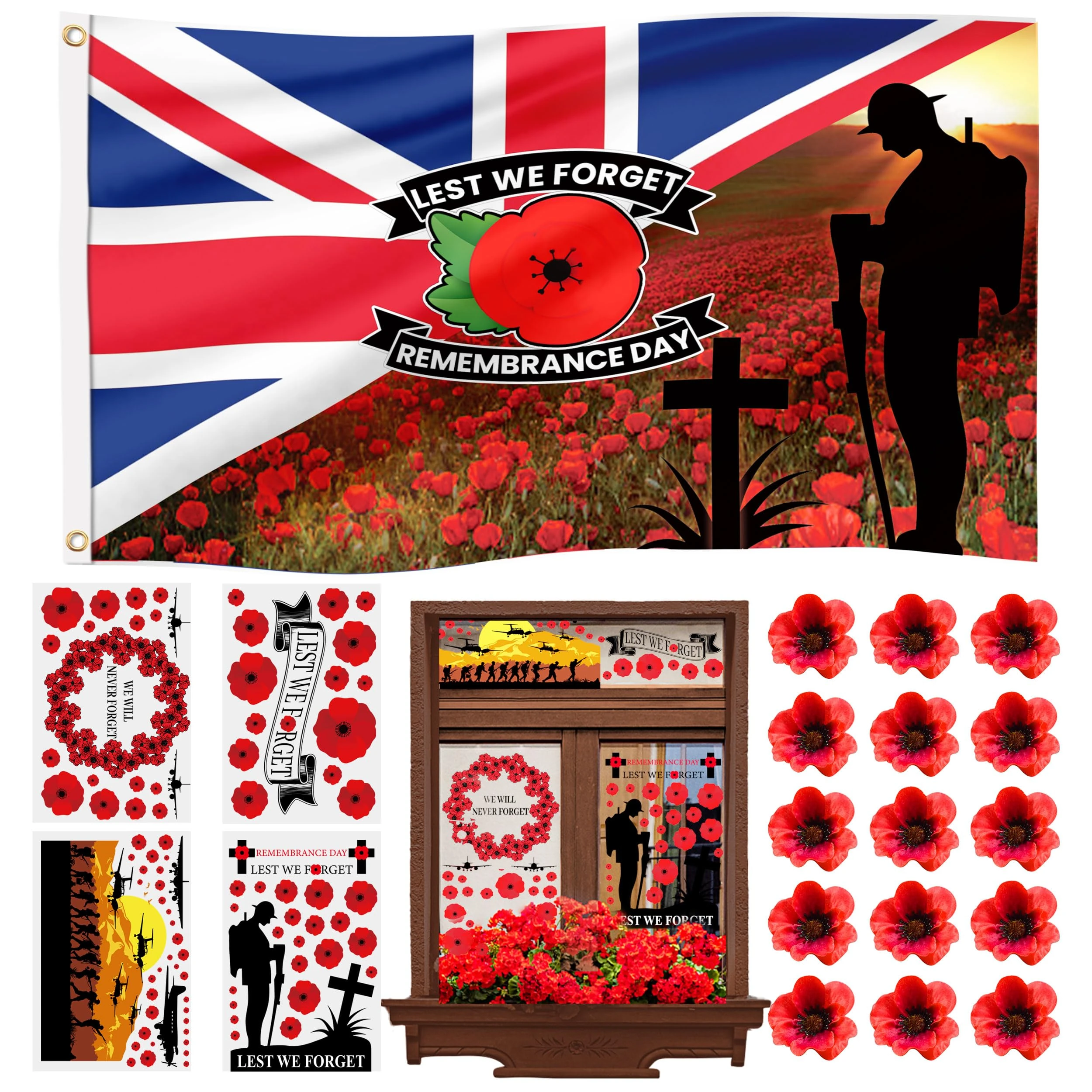 Lest We Forget Window Stickers, Poppy Flowers Remembrance Day flowers Poppy Window Stickers for Garden Street School Remembrance Day Decorations