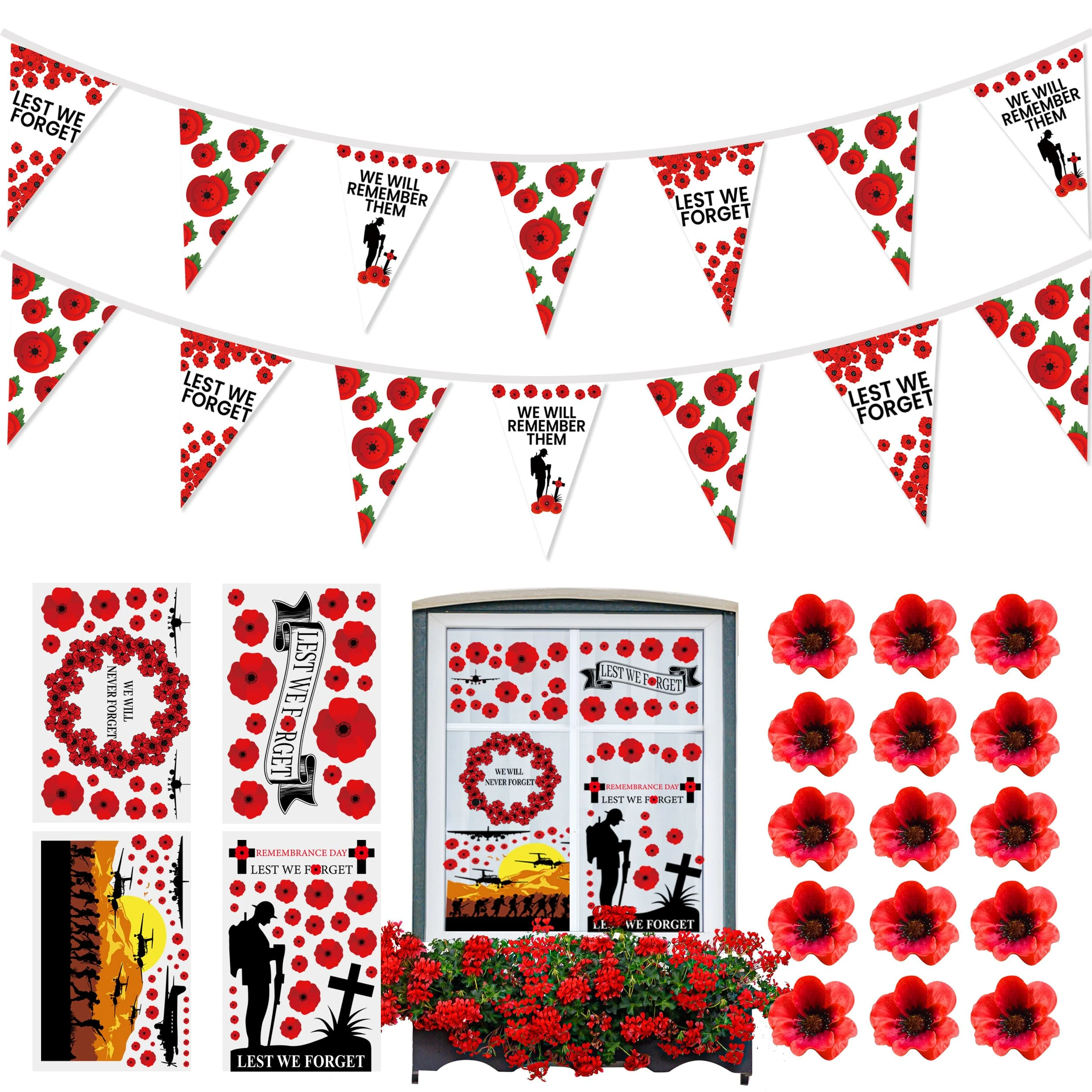 Lest We Forget Bunting 5m, Lest We Forget Window Stickers, Poppy Silk Flowers Remembrance Day Bunting Poppy Window Stickers Poppy Bunting for Remembrance Day Decorations