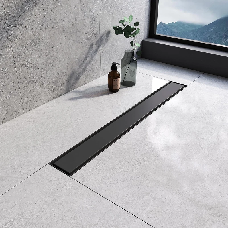 EMKE Linear Shower Drain 600mm, 304 Stainless Steel Long Invisible Shower Floor Drain with Odor Stop and Hair Strainer, 2 in 1 Tile Insert Double-Sided Shower Drain for Kitchen, Bathroom - Matte Black