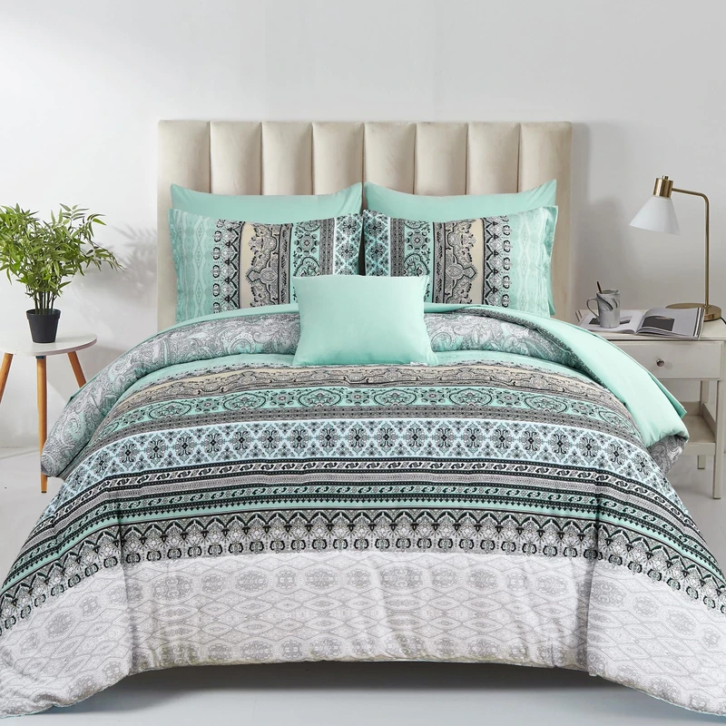 Cottolester Boho Bedding Set, King Size Bed, 8-piece, Sage Green, Paisley Pattern, Striped Bedding Set, Soft Microfiber, Complete Bedding Set