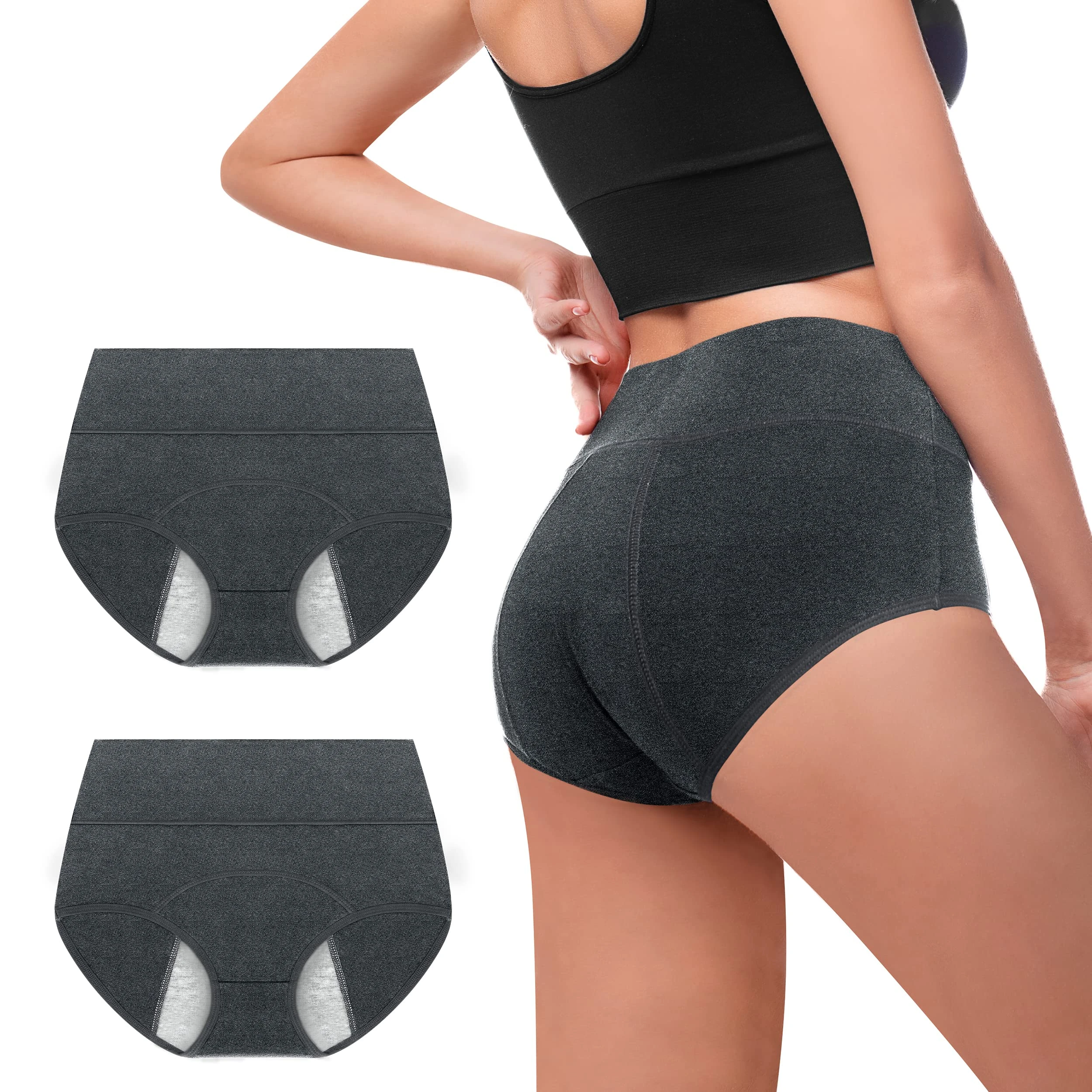 Walifrey Period Pants, Menstrual Underwear for Women, Cotton Knickers Multipack with Leakproof Crotch for Heavy Flow Extra Protection 2pack 4XL Dark Grey