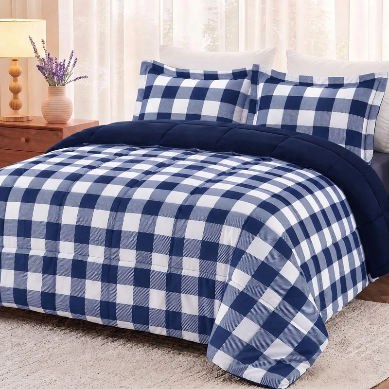 downluxe Lightweight Plaid Comforter Set (King) with 2 Pillow Shams - 3-Piece Set - Blue/White Plaid - Down Alternative Reversible Comforter