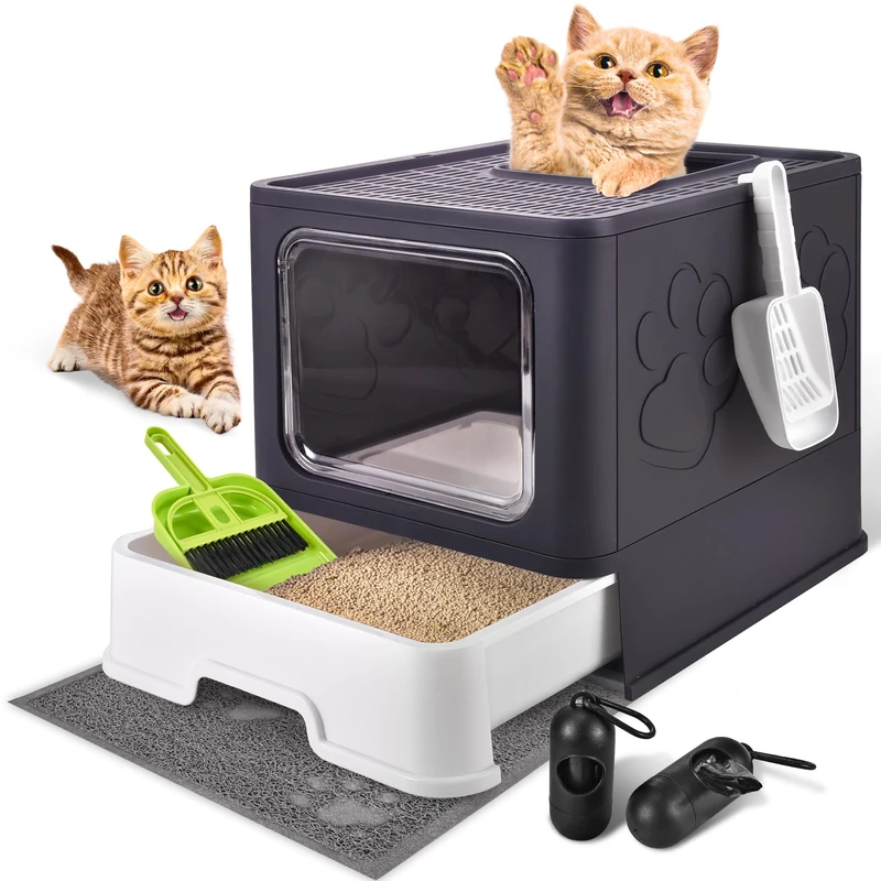Homagico Cat Litter Box with Lid, Extra Large Front Entry Top Exit, Drawer Type Enclosed Kitty Litter Box with Litter Scoop, Anti-Splashing Toilet Easy Cleaning（Purple
