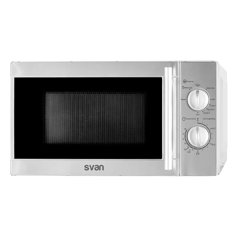 Svan Microondas 20 Litros con Grill Inox SMW2700GX. 700W, Grill 1000W, 9 Programas, Modo Descongelación, Revestimiento Interior, Fácil Limpieza, Temporizador 35min.