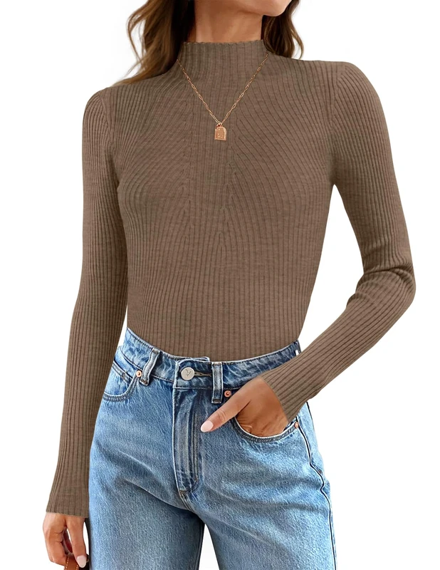 ZESICA Women's 2024 Fall Long Sleeve Turtleneck T Shirt Ribbed Knit Jumper Sweater Slim Fit Basic Casual Tee Tops, Camel, M
