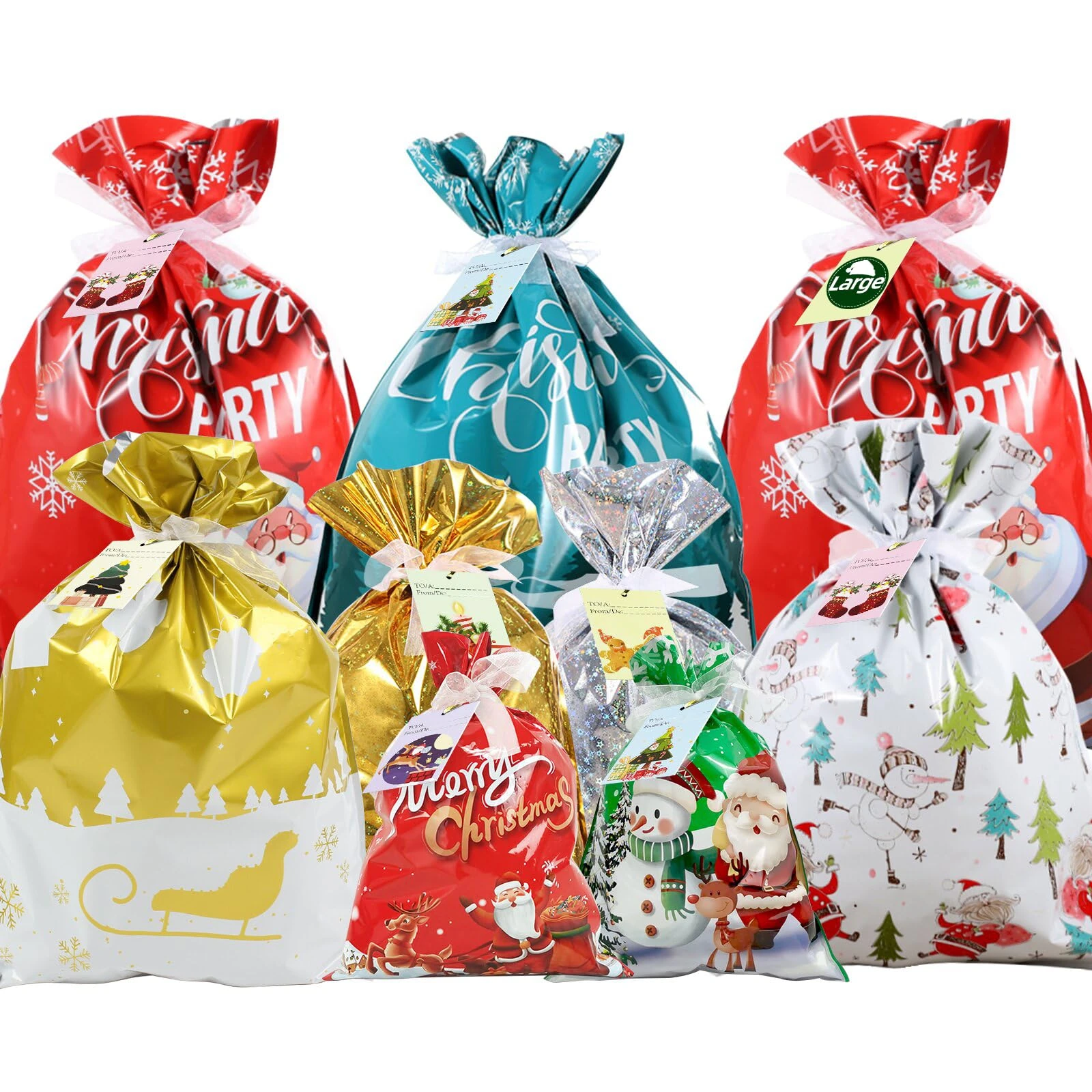 CNMTCCO Christmas Wrapping Gift Bags Large, 20Pcs Christmas String Bags with 30Pcs Tags, Large Medium Small Gift Bags, Xmas Bags for Presents for Xmas Birthday Holiday Party (Classic Style)