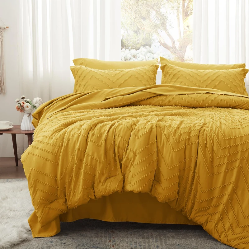 Anluoer Queen Comforter Set, Mustard Yellow Tufted Bed in a Bag 7 Pieces with Sheets, All Season Bedding Sets with 1 Comforter, 2 PillowShams, 2 Pillowcases, 1 Flat Sheet, 1 Fitted Sheet