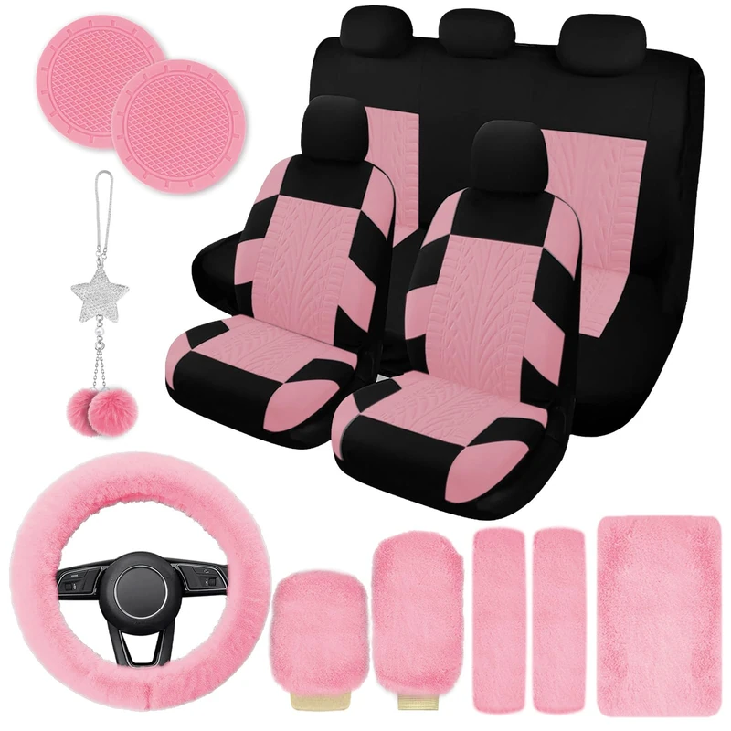 JINGSEN 17 Car Seat Cover Full Set for Women, Universal Car Seat Cover, Plush Steering Wheel Cover, Fluffy Soft Wool Handbrake Gear, Suspension Accessories Full SUV(Patterned Pink)