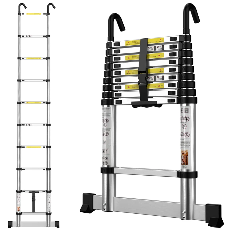Telescopic Ladder 2.9M / 9.5FT Aluminium Extension Loft Ladder with Stabilizer Bar & Detachable Hooks, Multi Purpose Extendable Portable Folding Ladders, 10 Steps, EN131, Aluminium