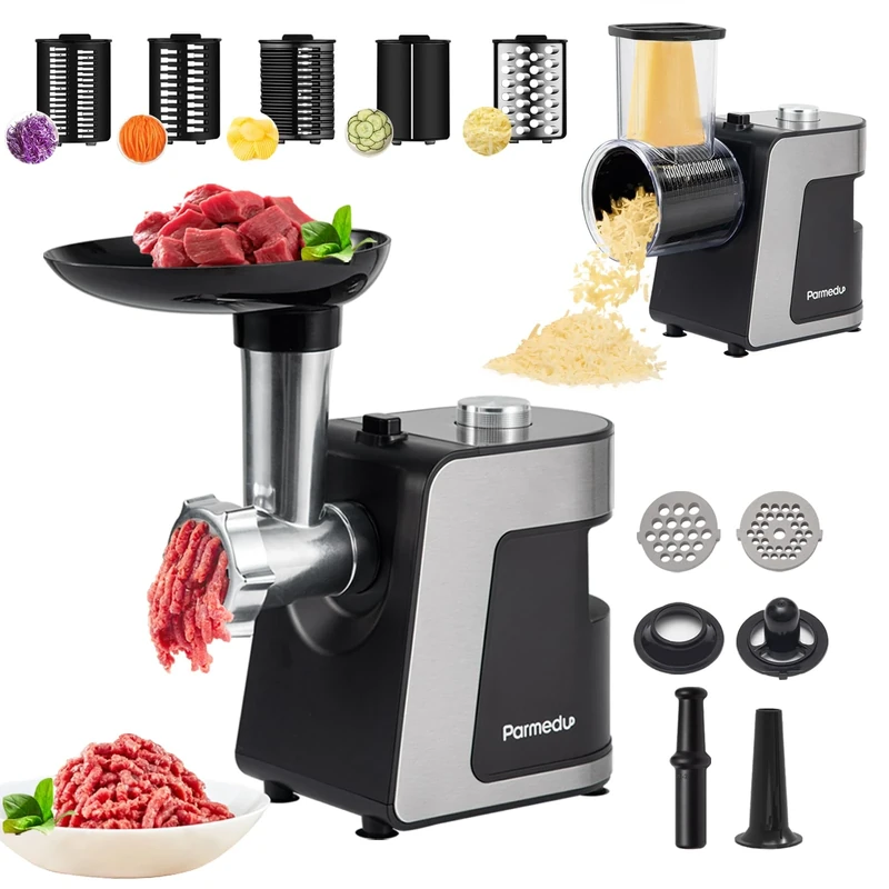 Parmedu Electric Cheese Grater & Meat Grinder: Electric Vegetable Cutter Electric Slicer Shredder Salad Maker - Professional Meat Mincer with 2 Plates, Sausage Maker & Kibbe Kit（Total 12 Attachments）