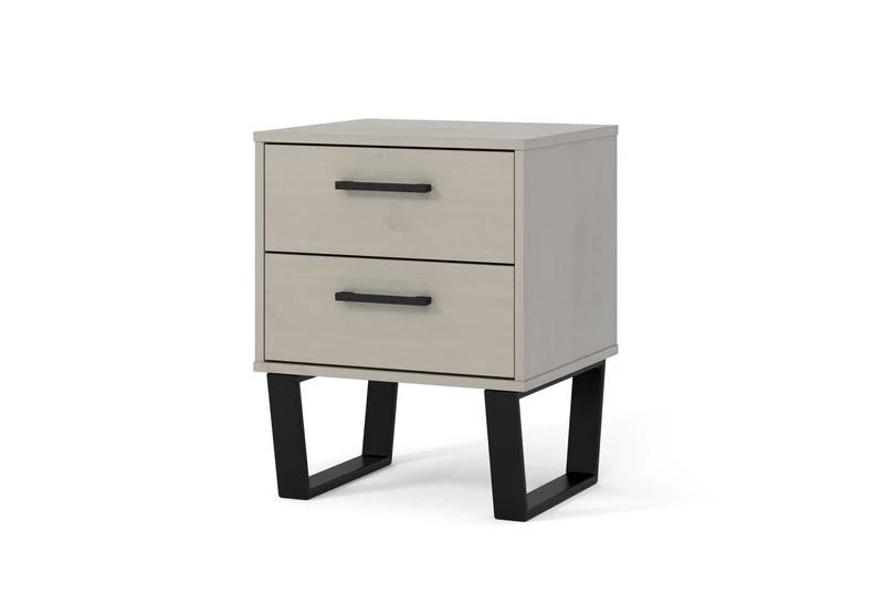 Home Source Bedside Side Table, 2 Drawer Compact Bedroom Storage Nightstand, Solid Pine, Grey