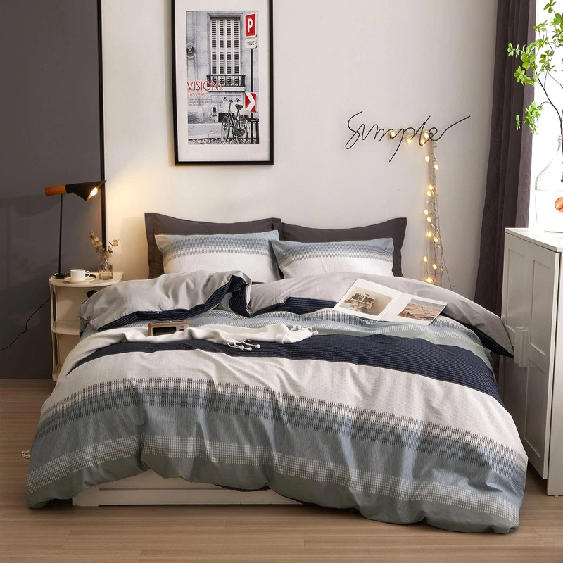DREAMINGO Twin XL Striped Geometric Bedding Set Cotton Boys Duvet Cover Set Modern Aesthetic Room Decor Blue Grey Stripes Reversible Comforter Cover Set (DG22003-TX1)