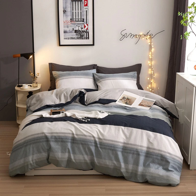 DREAMINGO Stripes Geometric Duvet Cover Full Cotton Aesthetic Bedding Set Boys Men Reversible Geometric Comforter Cover Set with 2 Pillowcases Modern Preppy Style Blue Grey Duvet Cover Set