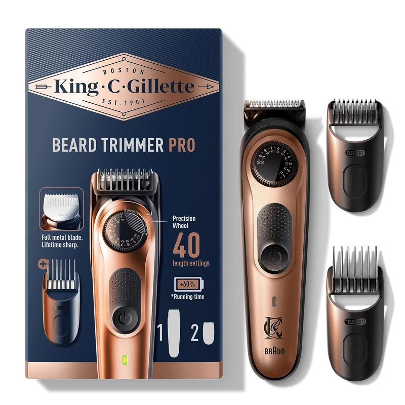 King C. Gillette Beard Trimmer PRO for Men - Precision Wheel with 40 Length Settings, Lifetime Sharp Blades, 80-Min Runtime, Washable Grooming Kit, 2 Combs & Cleaning Brush