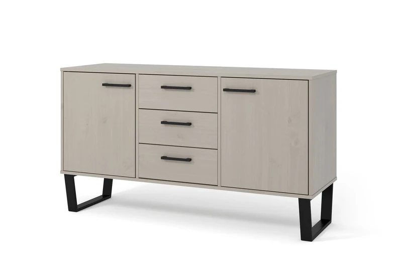 Home Source Large Sideboard Cupboard, 3 Drawer 2 Door Industrial Storage Cabinet, Solid Pine Home Furniture, Grey