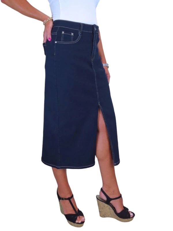 Paulo Due Women's Front Split Denim Maxi Skirt Ladies Long Straight Jeans Style Skirt Smooth Indigo Blue 10-22 (10) - Image 1