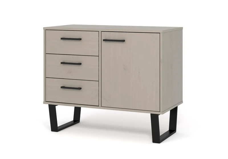 Home SourceSolid Pine Wood Sideboard Cupboard, Compact 3 Drawer 1 Door Industrial Storage Cabinet, Grey