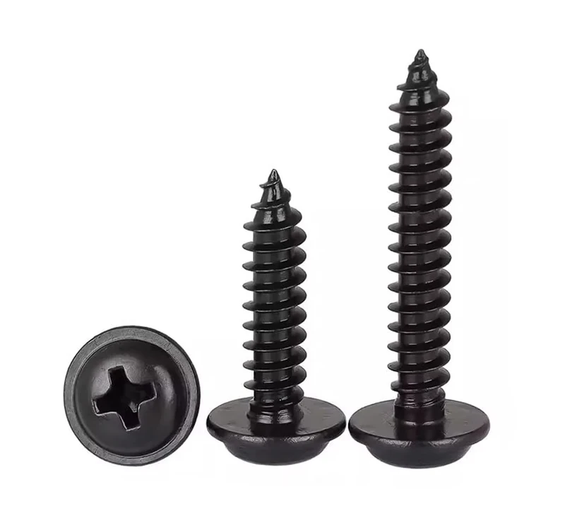 FandWay 100Pcs Self Tapping Screws Black,M5 Wood Screws Assortment,Pan Head With Washer Self Drilling Screw,Wafer Head Sheet Metal Screw Phillips Drive for DIY Woodwork Repairs.