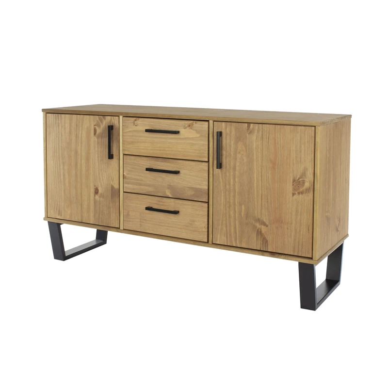 Home Source Large Sideboard Cupboard, 3 Drawer 2 Door Industrial Storage Cabinet, Solid Pine Home Furniture, Natural