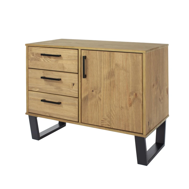 Home Source Sideboard Cupboard, Compact 3 Drawer 1 Door Industrial Storage Cabinet, Solid Pine Home Furniture, Natural