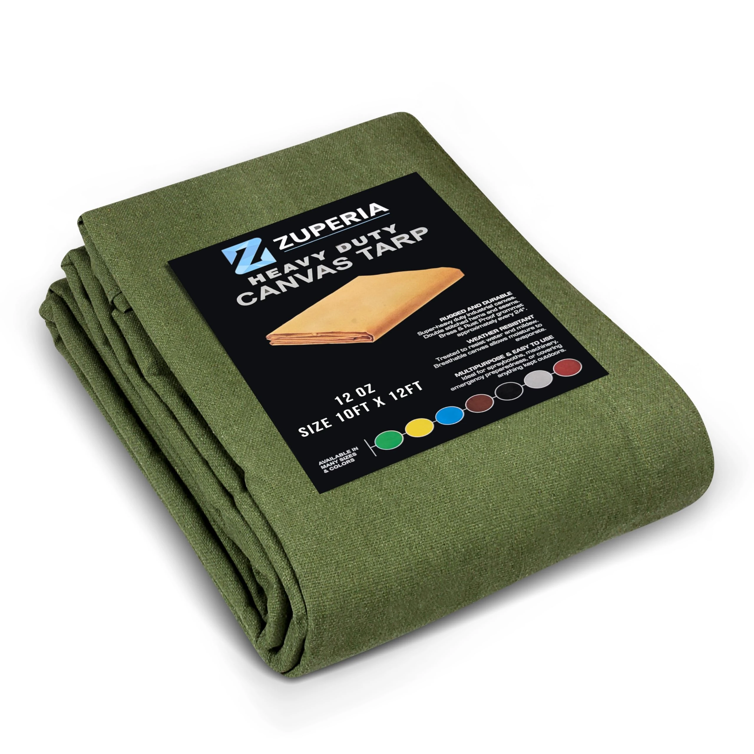 Zuperia Heavy Duty Canvas Tarp (10' x 12' ft - Pack of 1) with Rustproof Grommets, UV Resistant & Tear Resistant Multipurpose Tarpaulin Cover for Outdoor, Industrial & Commercial Use (Olive Green)