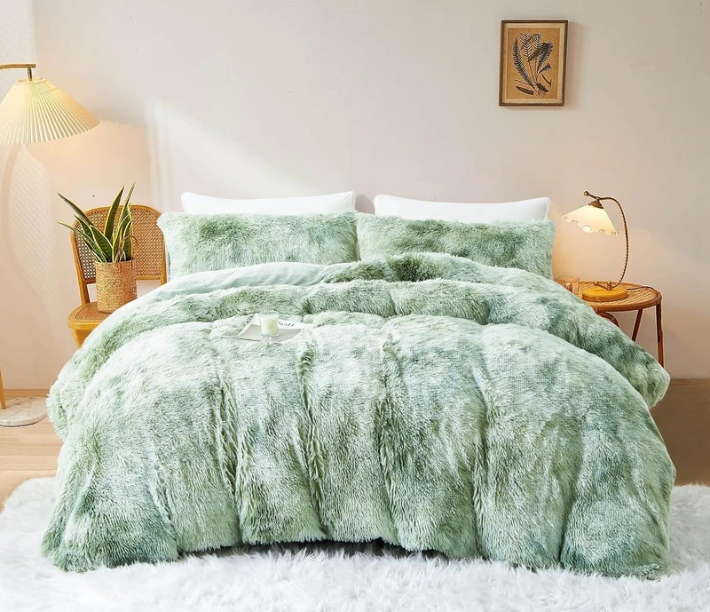 Sacebeleu Winter Bed Linen 135 x 200 cm Plush Long Hair Fluffy Flannel Flannelette Duvet Cover Green White Winter Bed Linen Colour Gradient Warm Duvet Cover and 1 Pillowcase 80 x 80 cm with Zip