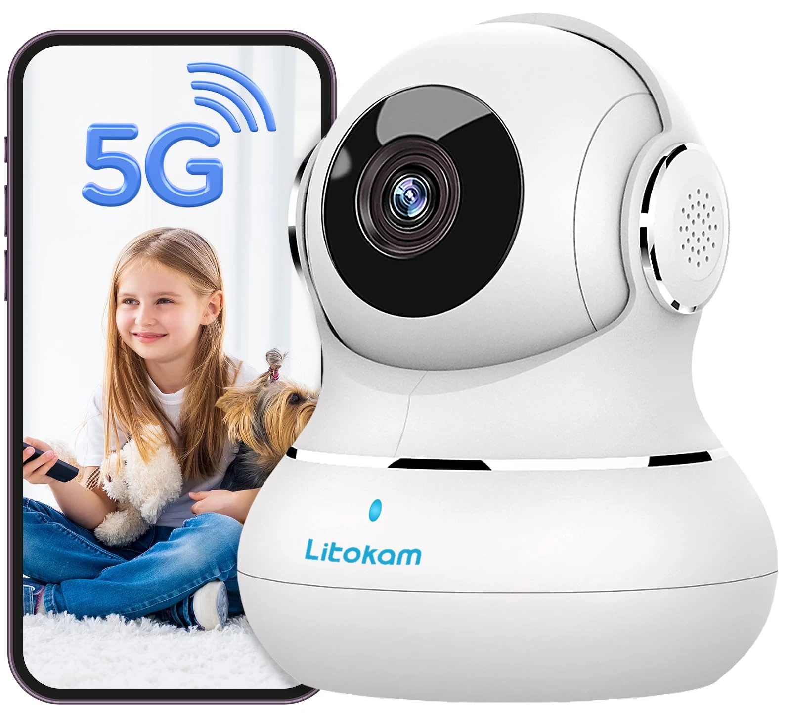 litokam Littleelf Security Camera Indoor, 2K Pet Dog Cameras House Security with APP, Baby Monitor with Motion/Crying Detection, WiFi Camera with 2-Way Audio (White, 5G&2.4G-1Pack)