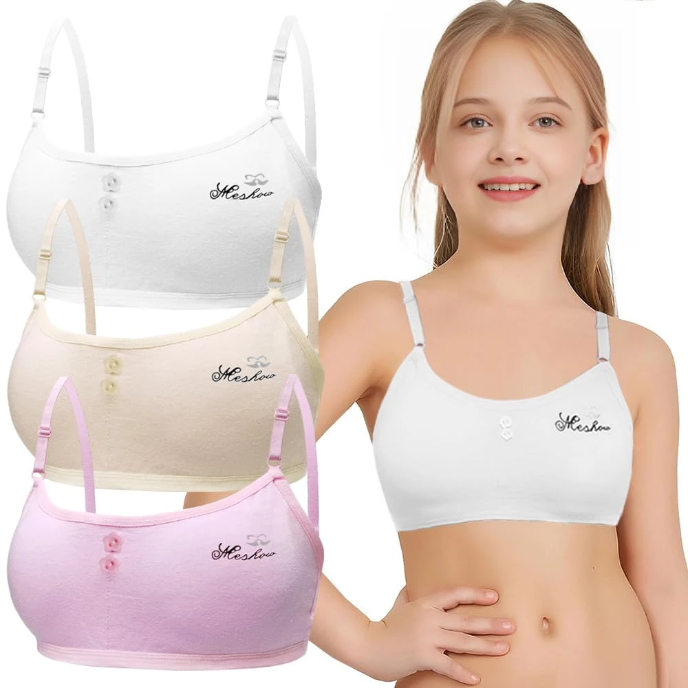 Sports Bra for Girls 3 Pieces Training Bras Sports Underwear with Removable Bust Pad and Adjustable Strap for Teenage Girls 10-14 Years