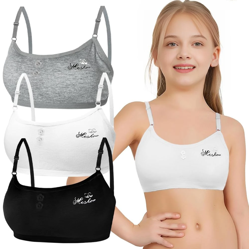 Sports Bra for Girls 3 Pieces Training Bras Sports Underwear with Removable Bust Pad and Adjustable Strap for Teenage Girls 10-14 Years