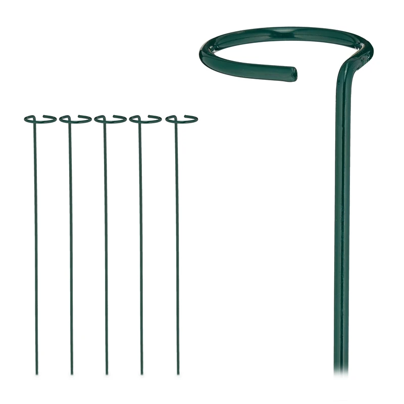 Relaxdays 6x Plant Supports, Metal Sticks with Ring, Home & Garden, Flower Climbing Aid, 60cm Long, Dark Green, Steel