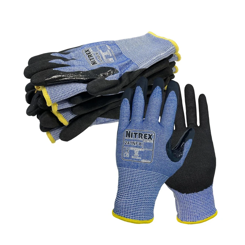 NITREX Unigloves 10 Pairs - General Handling High Level Cut Resistant Gloves with Sandy Nitrile Palm Coating, Featuring NitreGuard Technology and NitreGrip Technology in Black/Blue
