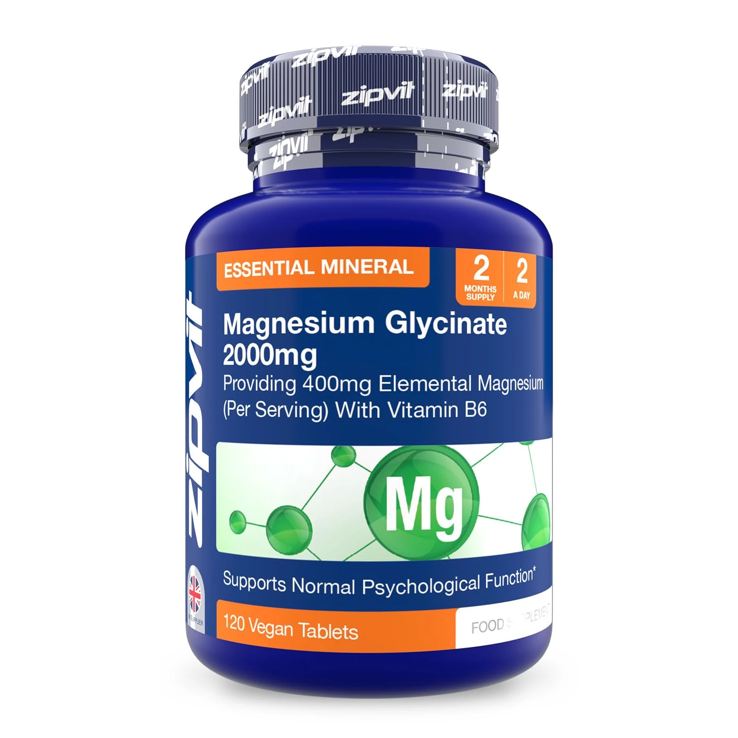 Zipvit Magnesium Glycinate 2000mg with 400mg Elemental, Plus Vitamin B6, 120 Vegan Tablets, High Strength Magnesium Supplements