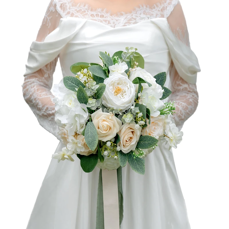 BENCENTRE 10 Inch White Bridal Bouquet,Wedding Bouquet,Bride Bouquets for Wedding Ceremony Anniversary, Party and French Rustic Vintage Wedding,Artificial Flowers